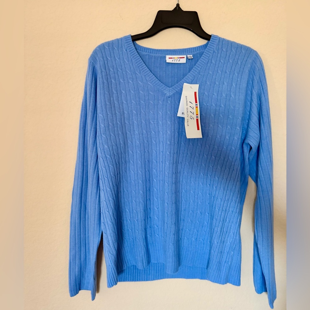 Classic V-Neck Cable Knit Sweater - Blue